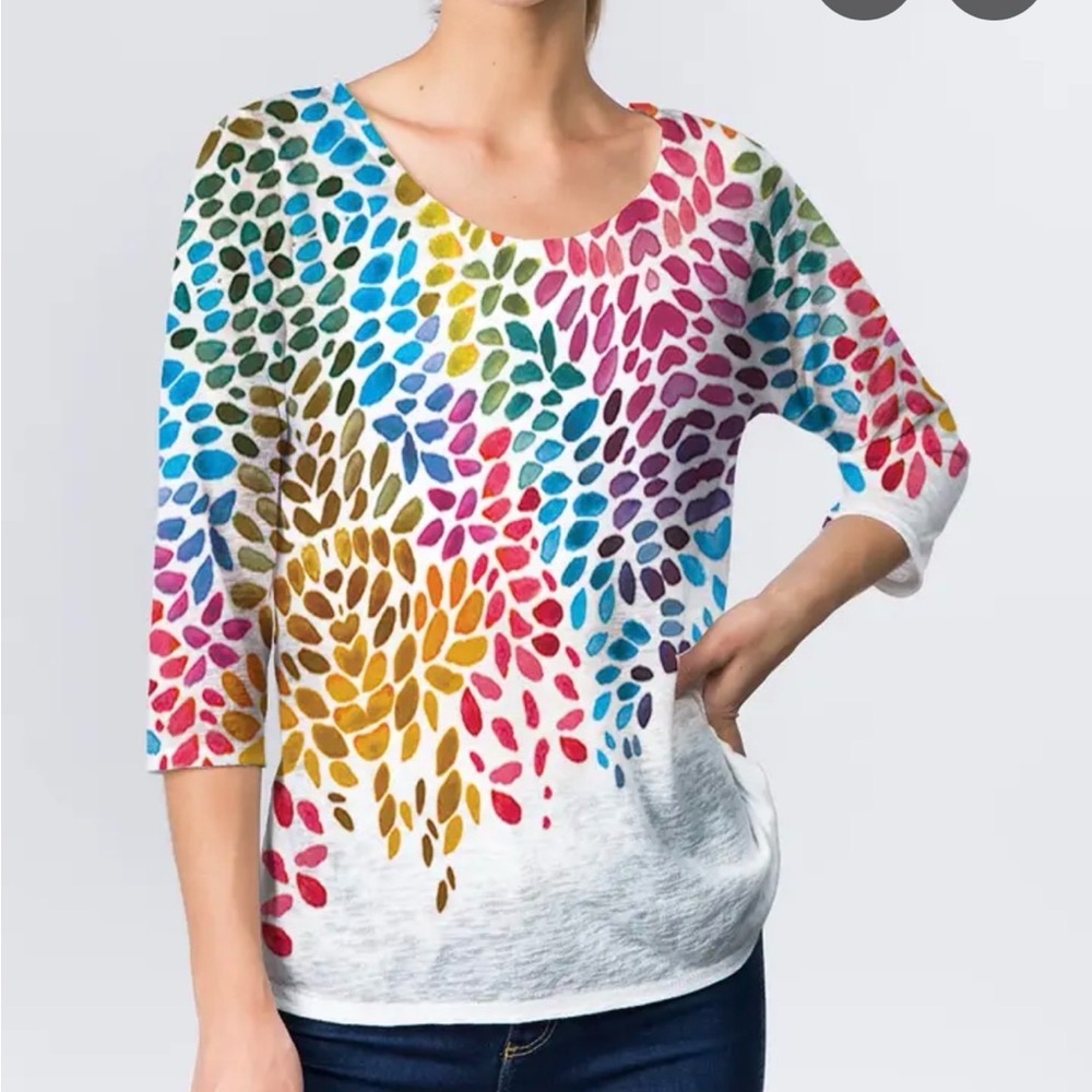 Fiona White Scoop Neck Petal Print Lightweight Sweater